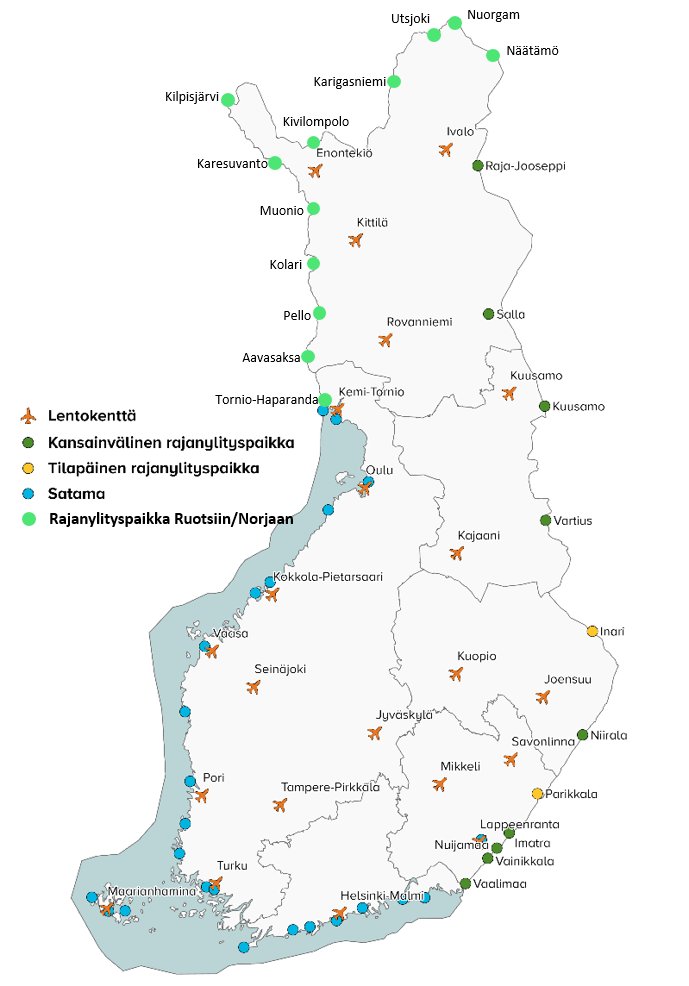 Kuvassa Suomen kartalla rajanylityspaikat lentokentittäin ja satamittain, kansainväliset rajanylityspaikat, tilapäiset rajanylityspaikat sekä erikseen rajanylityspaikat Ruotsin ja Norjan kanssa.