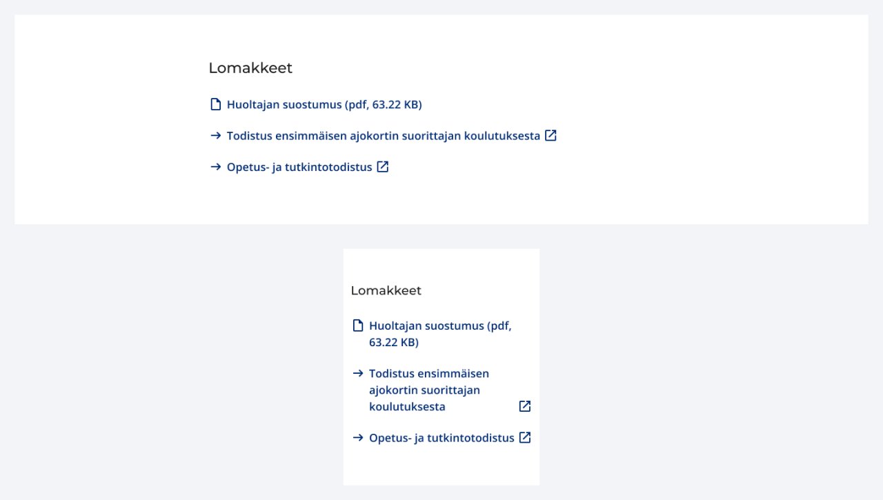 Esimerkit linkkilistasta ilman taustaväriä tietokoneella ja mobiilissa. Linkkilistassa on otsikko ja kolme linkkiä.