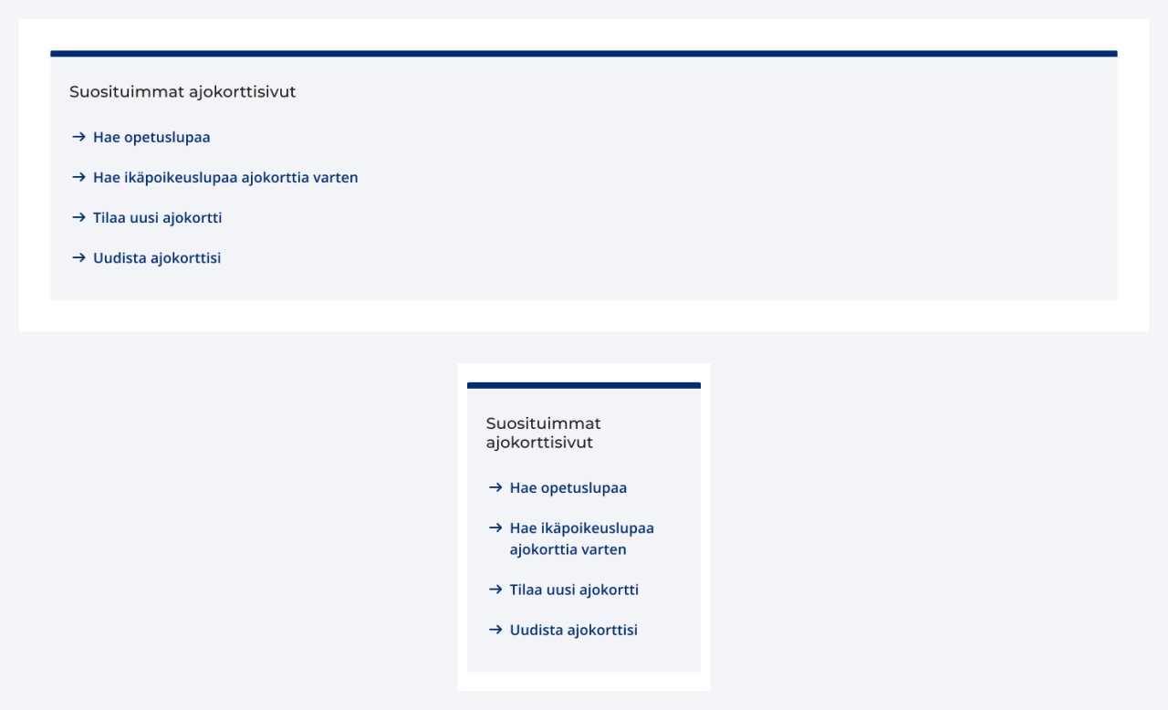 Esimerkkikuva linkkilistasta taustavärillä. Kuvassa esimerkit linkkilistasta tietokoneella ja mobiilissa. Linkkilistassa on otsikko ja neljä linkkiä.
