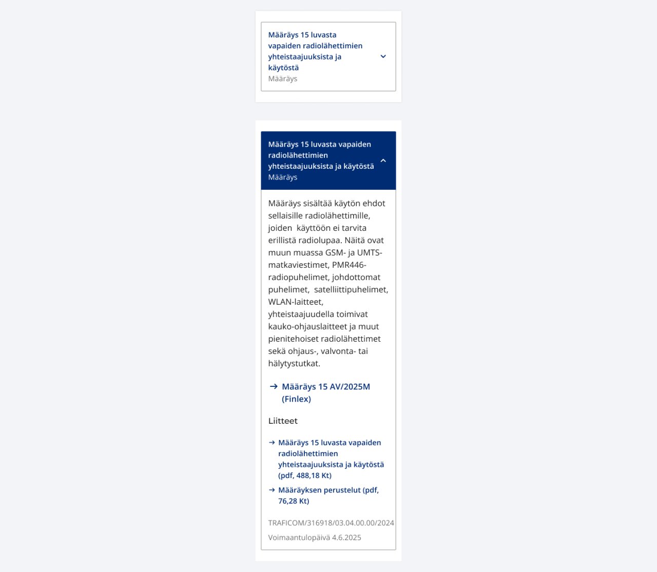 Säädösnosto mobiililaitteella. Kuvassa määräys 15 luvasta vapaiden radiolähettimien yhteistaajuuksista ja käytöstä.
