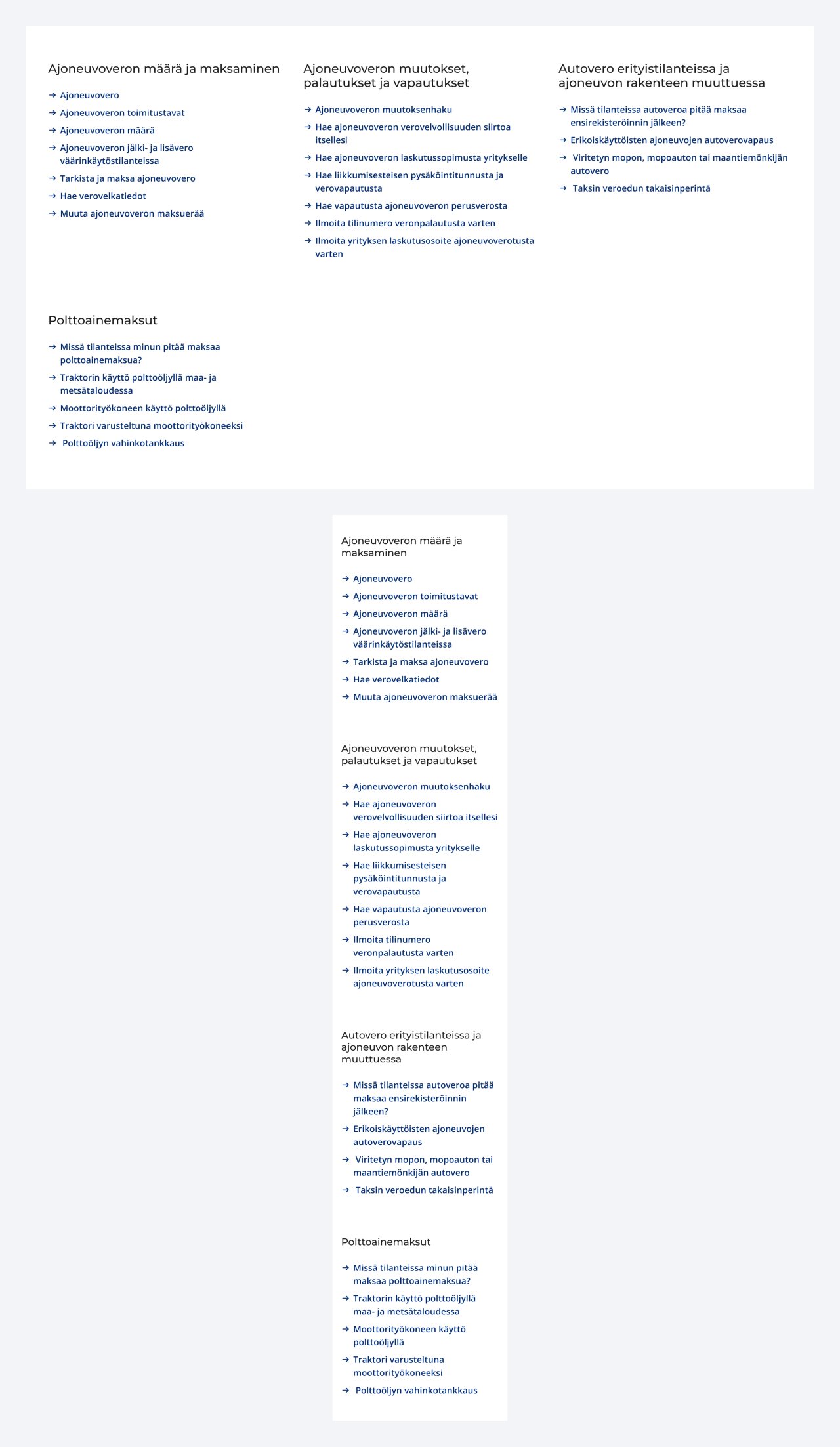 Esimerkki alasivujen listauksesta tietokone- ja mobiilinäkymissä. Kuvassa on kolme otsikkoa, joiden alla listana linkkejä alasivuille.
