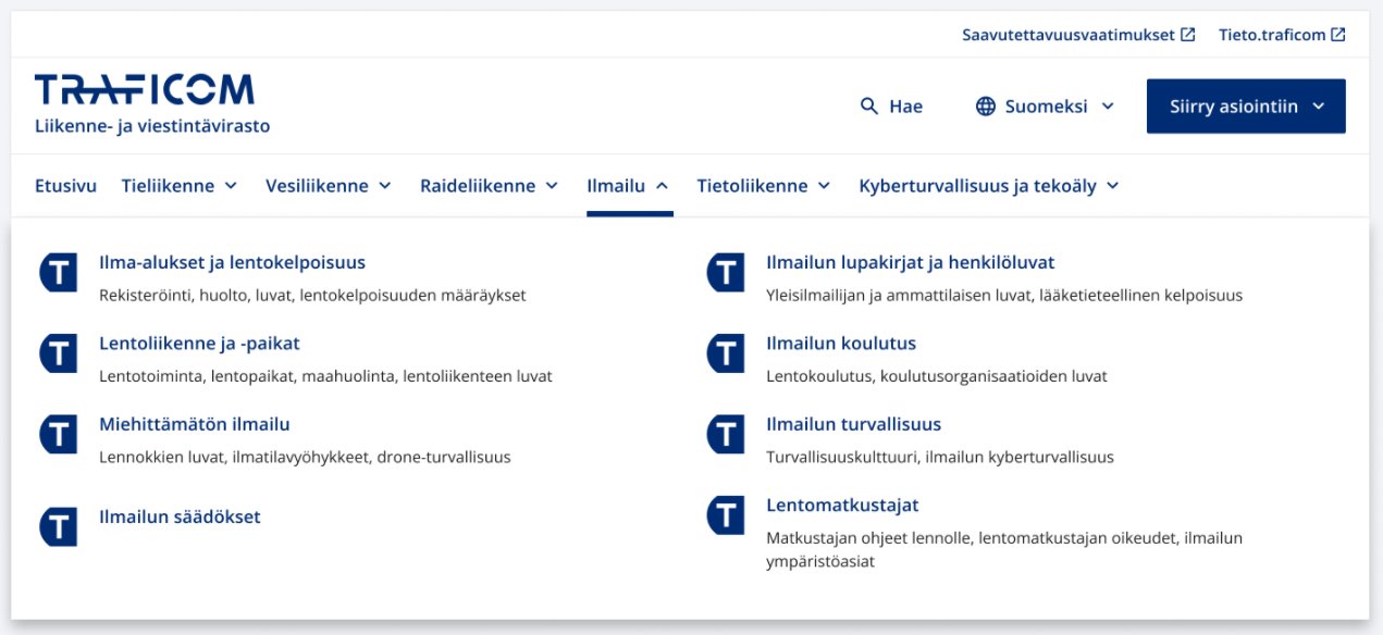 Kuvakaappaus avautuvasta megamenu-valikosta ilmailun kohdalta