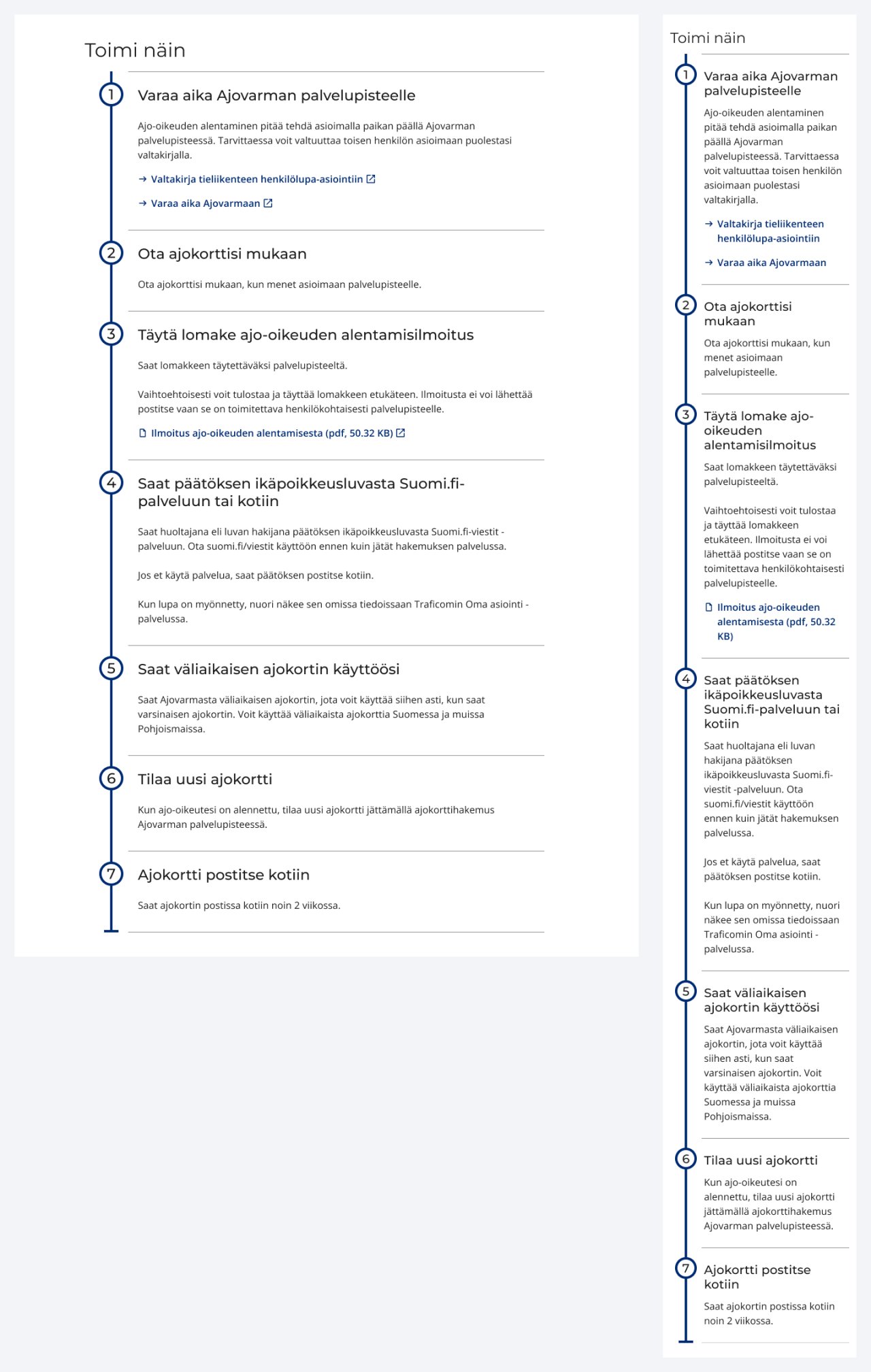 Esimerkki ohje-elementin käytöstä tietokoneella ja mobiilissa. Kuvassa kerrotaan, miten ajo-oikeuden alentamisilmoitus tehdään..