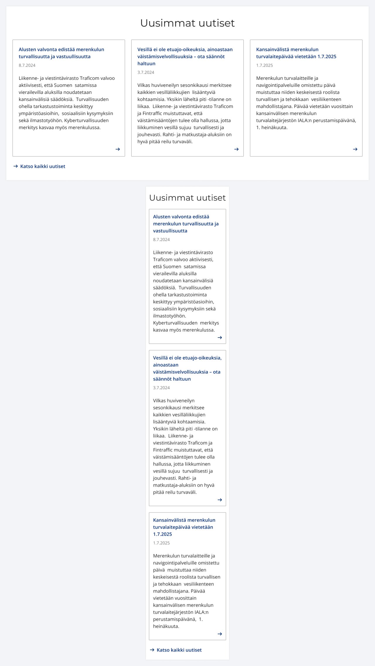 Uutislistauselementti tietokoneella ja mobiilissa. Kuvassa on kolme uutisnostoa merenkulun alalta.
